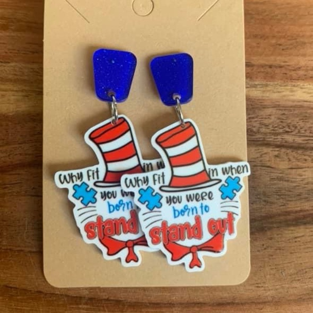 Red and Blue Dr Seuss why fit in when you were born to stand out Earrings new